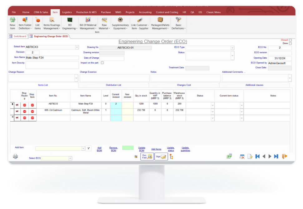 Engineering Change Orders (ECO) in KITARON ERP&MES