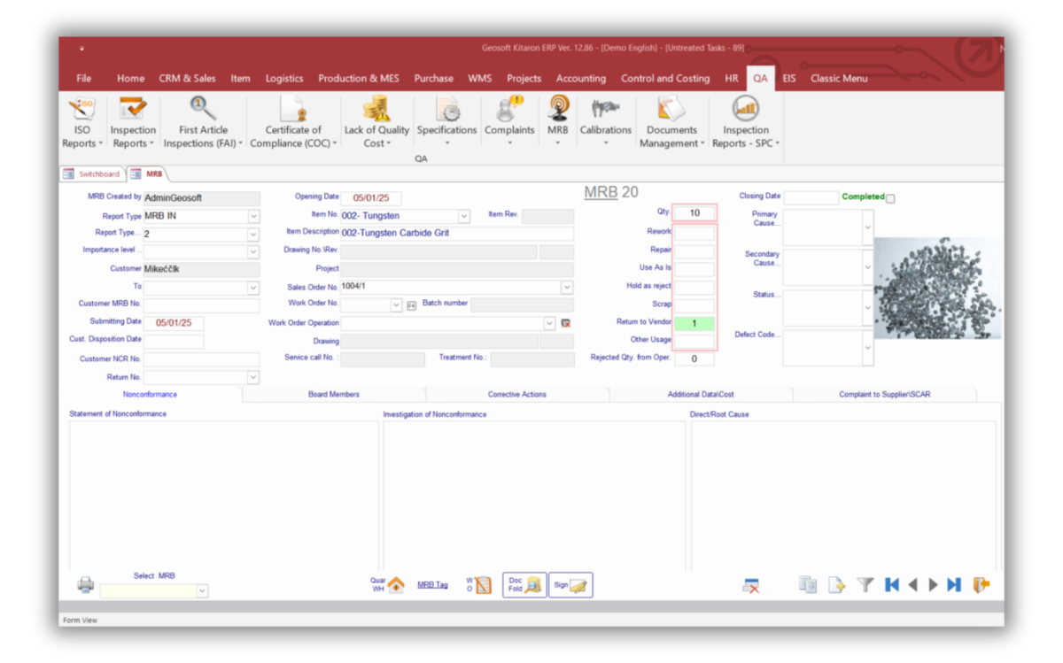 Material Review Board (MRB)  KITARON ERP&MES