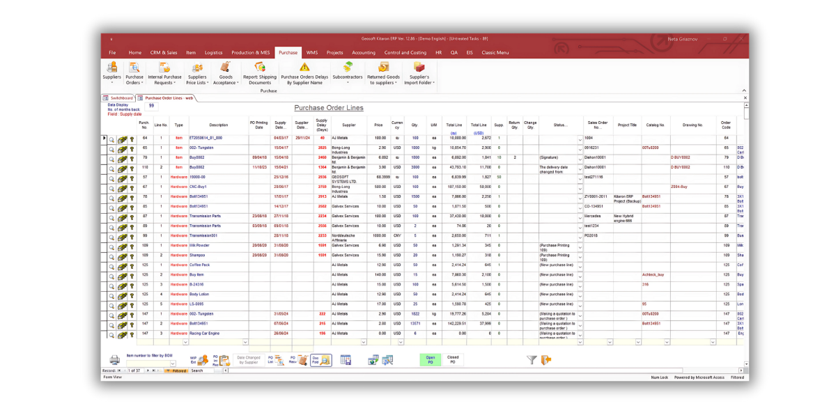 KITARON ERP&MES Purchase Order Lines